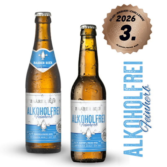 2 Flaschen Baarer Bier Alkoholfrei Feinherb Einweg und Mehrweg mit Emblem der Glug Brauer-Challenge